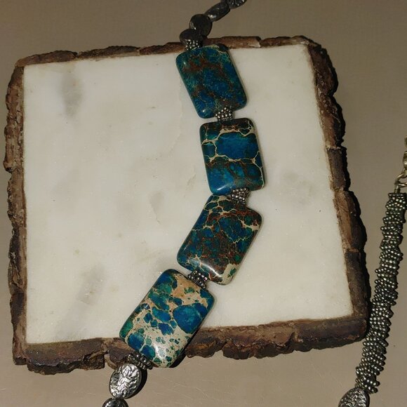 Vintage Silver Necklace Unknown Stone Brown Turquoise Tone Chunky Statement - Picture 8 of 16